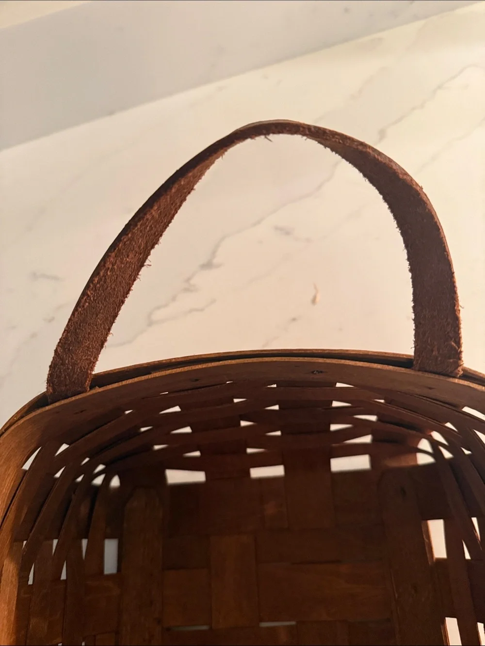 Vintage 19th Century Handwoven Wooden Basket with Leather Handles Signed
